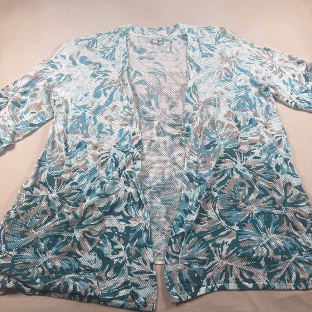 J. Jill Cardigan Women Large Blue Teal Tropical Leaf Pointelle Cotton Open Front